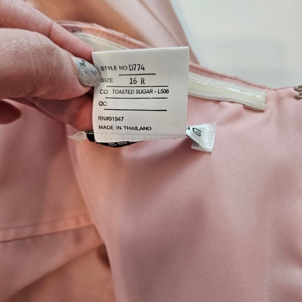 Alfred Sung Satin Twill Strapless‎ Notch Dress Pockets in Toasted Sugar Size 16 - Picture 7 of 10